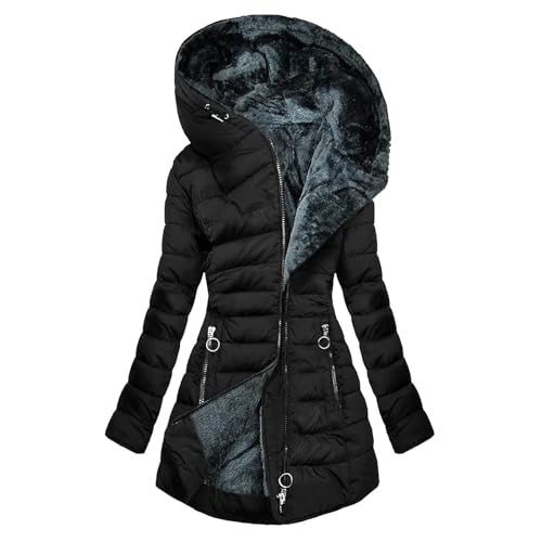 Winter Coats for Women Fleece Lined Coat Hooded Puffer Jacket Long Sleeve Fur Coat Full Zip Coat Thicken Parka Coat