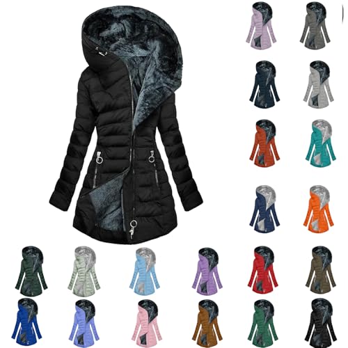 Winter Coats for Women Fleece Lined Coat Hooded Puffer Jacket Long Sleeve Fur Coat Full Zip Coat Thicken Parka Coat