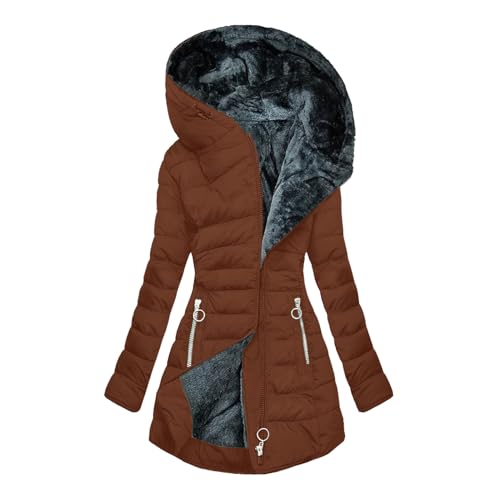 Winter Coats for Women Fleece Lined Coat Hooded Puffer Jacket Long Sleeve Fur Coat Full Zip Coat Thicken Parka Coat