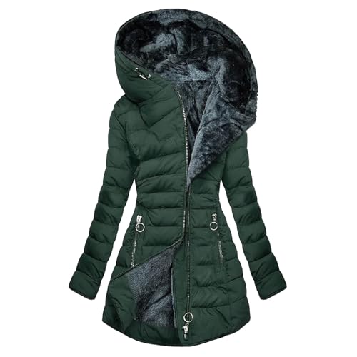 Winter Coats for Women Fleece Lined Coat Hooded Puffer Jacket Long Sleeve Fur Coat Full Zip Coat Thicken Parka Coat