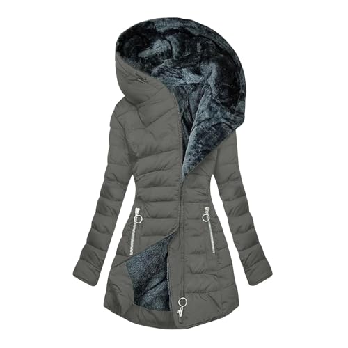 Winter Coats for Women Fleece Lined Coat Hooded Puffer Jacket Long Sleeve Fur Coat Full Zip Coat Thicken Parka Coat