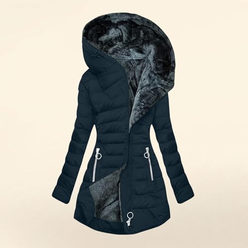 Winter Coats for Women Fleece Lined Coat Hooded Puffer Jacket Long Sleeve Fur Coat Full Zip Coat Thicken Parka Coat