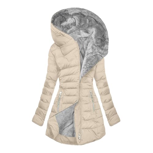 Winter Coats for Women Fleece Lined Coat Hooded Puffer Jacket Long Sleeve Fur Coat Full Zip Coat Thicken Parka Coat