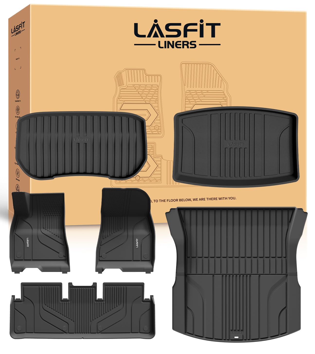 LASFIT Floor Mats for Tesla Model Y 5 Seat 2024 2023 2022 2021 2020, Custom Fit All Weather TPE Floor Liners Cargo Liner, Front & Rear Trunk Mats Accessories Full Set