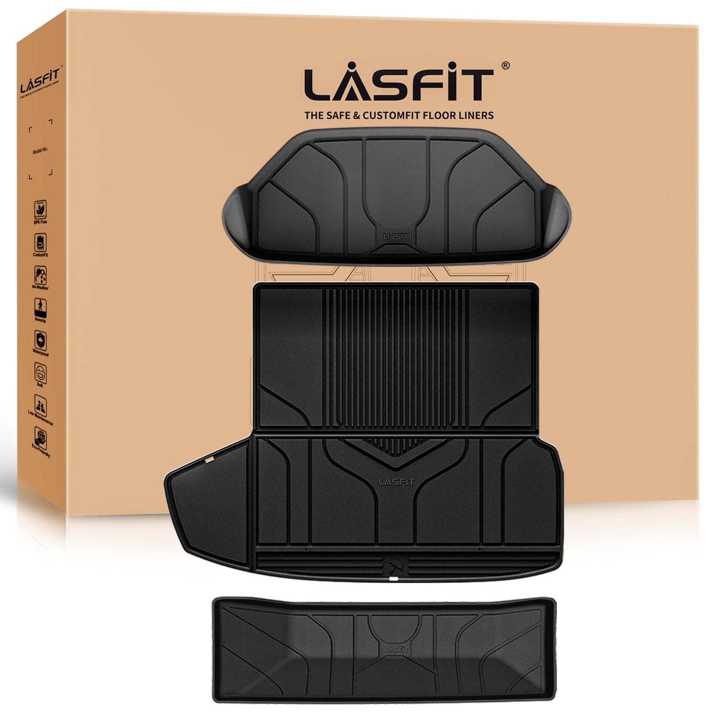 LASFIT Floor Mats for Tesla Model Y 5 Seat 2024 2023 2022 2021 2020, Custom Fit All Weather TPE Floor Liners Cargo Liner, Front & Rear Trunk Mats Accessories Full Set