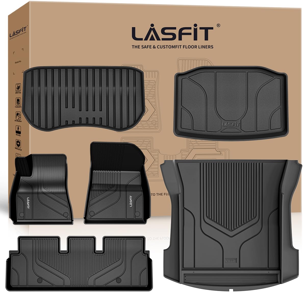 LASFIT Floor Mats for Tesla Model Y 5 Seat 2024 2023 2022 2021 2020, Custom Fit All Weather TPE Floor Liners Cargo Liner, Front & Rear Trunk Mats Accessories Full Set