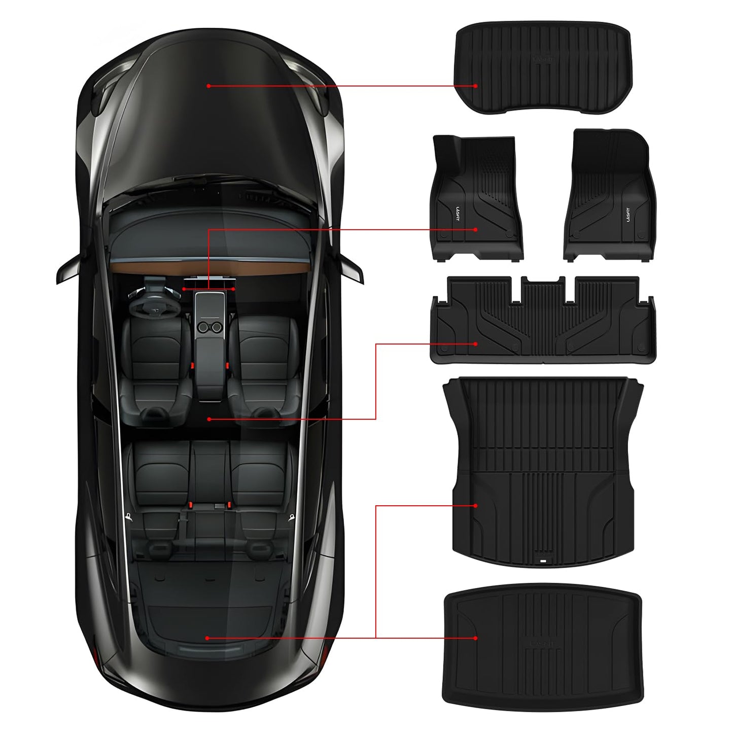 LASFIT Floor Mats for Tesla Model Y 5 Seat 2024 2023 2022 2021 2020, Custom Fit All Weather TPE Floor Liners Cargo Liner, Front & Rear Trunk Mats Accessories Full Set