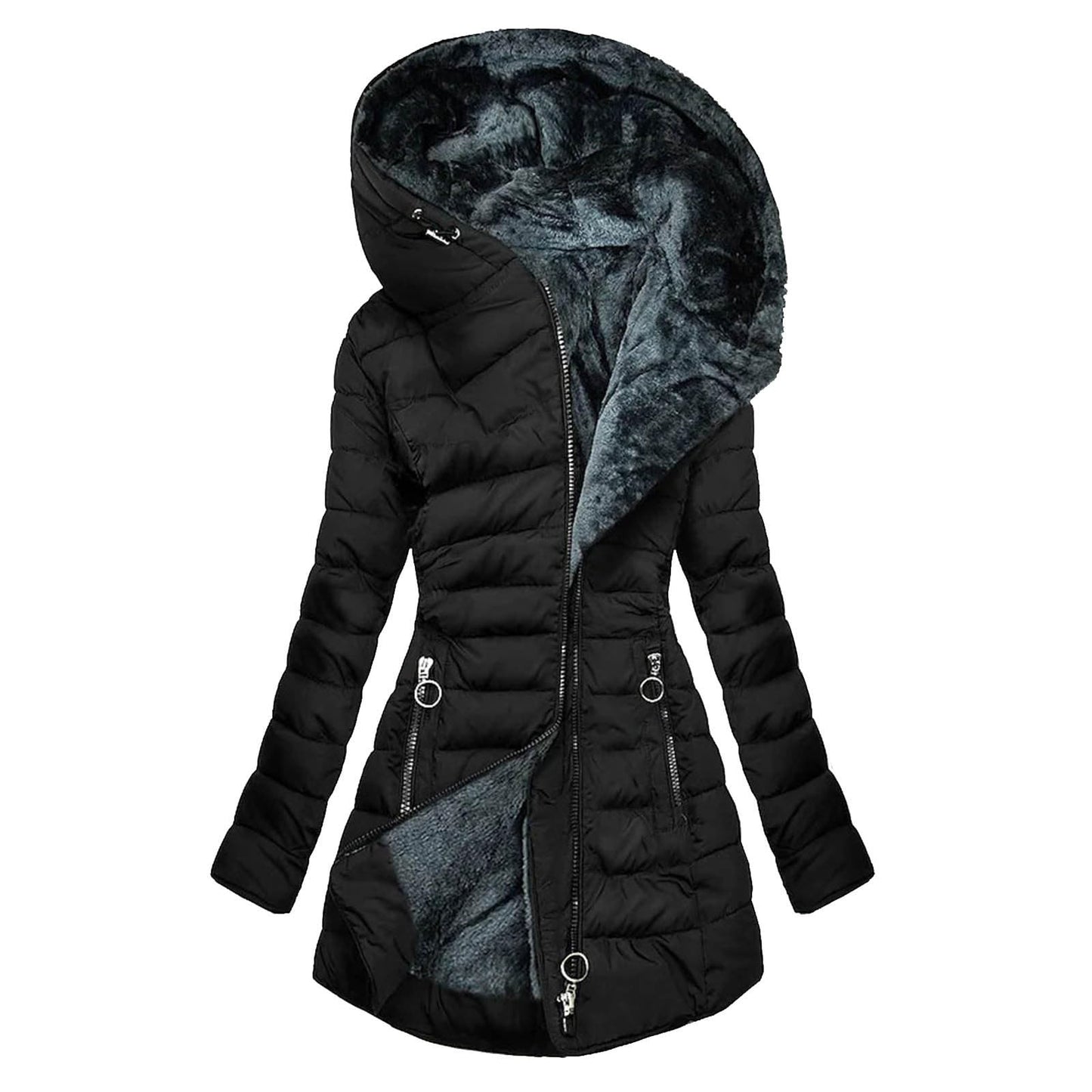 Winter Coats for Women Fleece Lined Coat Hooded Puffer Jacket Long Sleeve Fur Coat Full Zip Coat Thicken Parka Coat