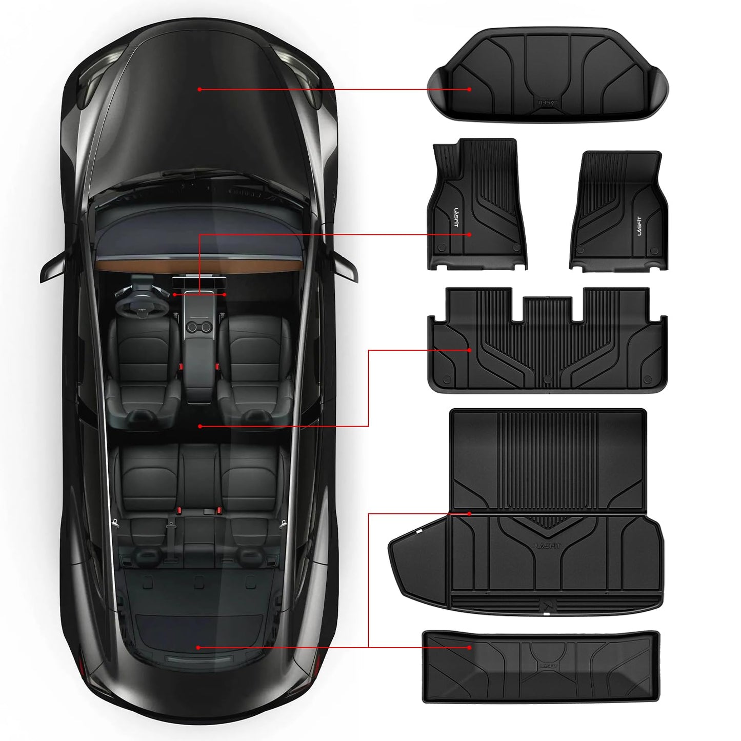 LASFIT Floor Mats for Tesla Model Y 5 Seat 2024 2023 2022 2021 2020, Custom Fit All Weather TPE Floor Liners Cargo Liner, Front & Rear Trunk Mats Accessories Full Set