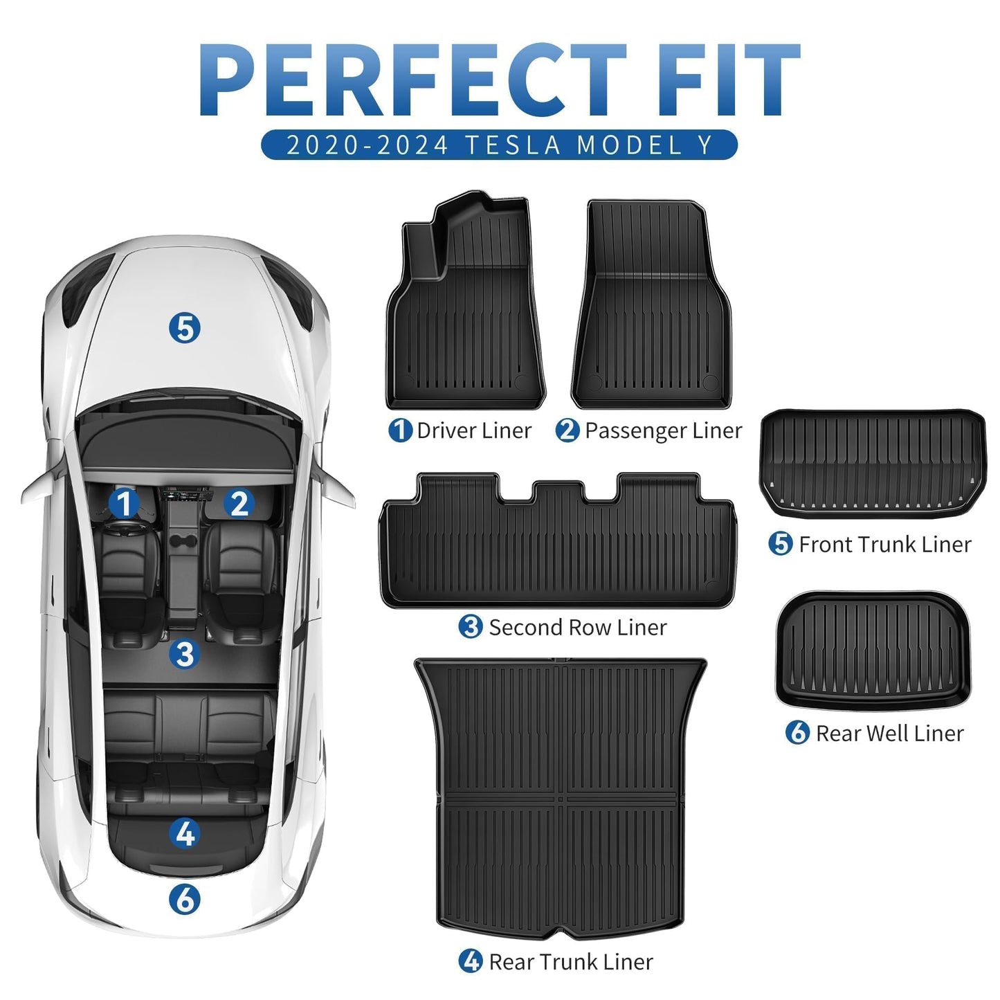 OEDRO Floor Mats for Tesla Model Y 2024 2023-2020 Custom Fit All Weather Durable TPE Automotive Interior Cargo Liners Trunk Mats Accessories for Model Y 5-Seat (NOT fit 7-Seat) 6 Pcs Mats Set