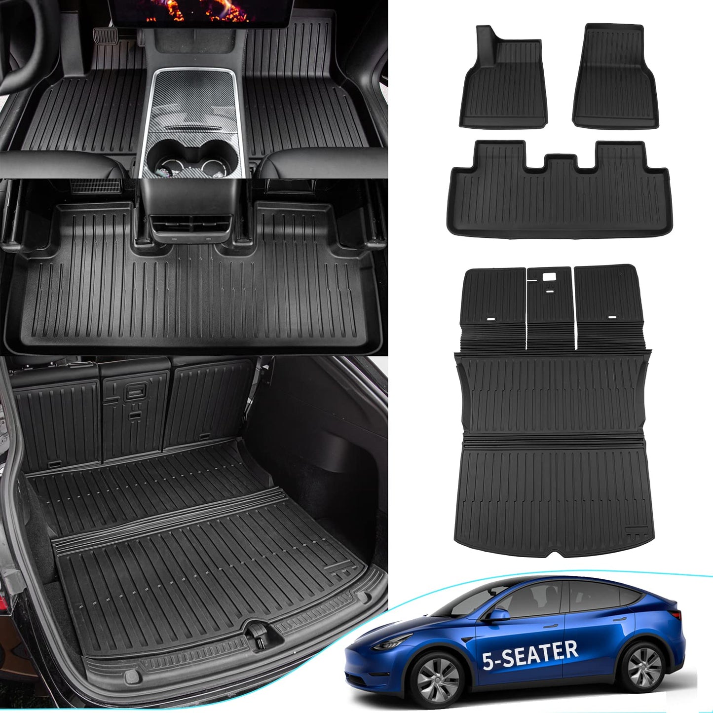 Floor Mats Compatible with 2020-2024 Tesla Model Y Trunk Mat Cargo Mat TPE All Weather Cargo Liner Back Seat Cover Protector 2023 Tesla Model Y 5 Seater Accessories (Upgraded Set of 6 Mats)