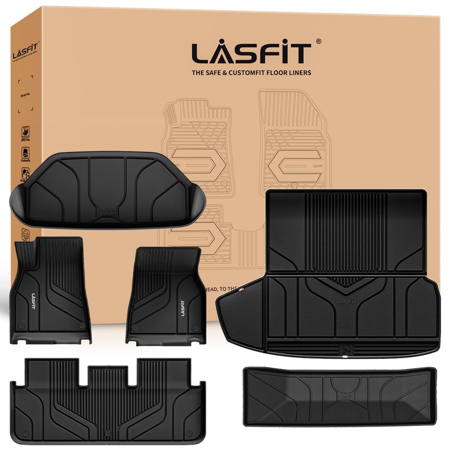 LASFIT Floor Mats for Tesla Model Y 5 Seat 2024 2023 2022 2021 2020, Custom Fit All Weather TPE Floor Liners Cargo Liner, Front & Rear Trunk Mats Accessories Full Set