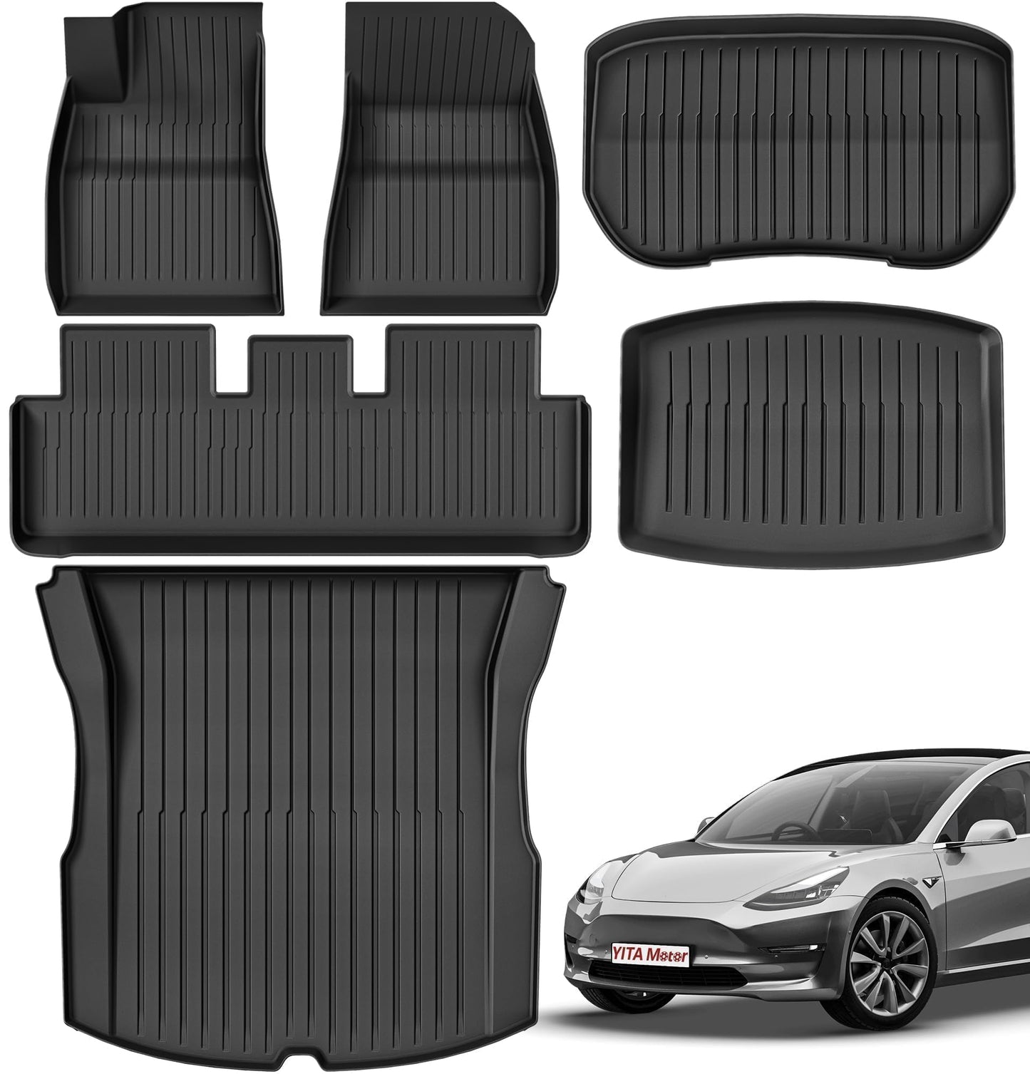 YITAMOTOR Floor Mats Fit for 2024 Tesla Model 3 Highland, Includes 2 Rows & Cargo Liner Set, Full Cover Car Mats with Front Rear Cargo Mat TPE All-Weather Floor Mats Model 3 Accessories 2024 Full Set