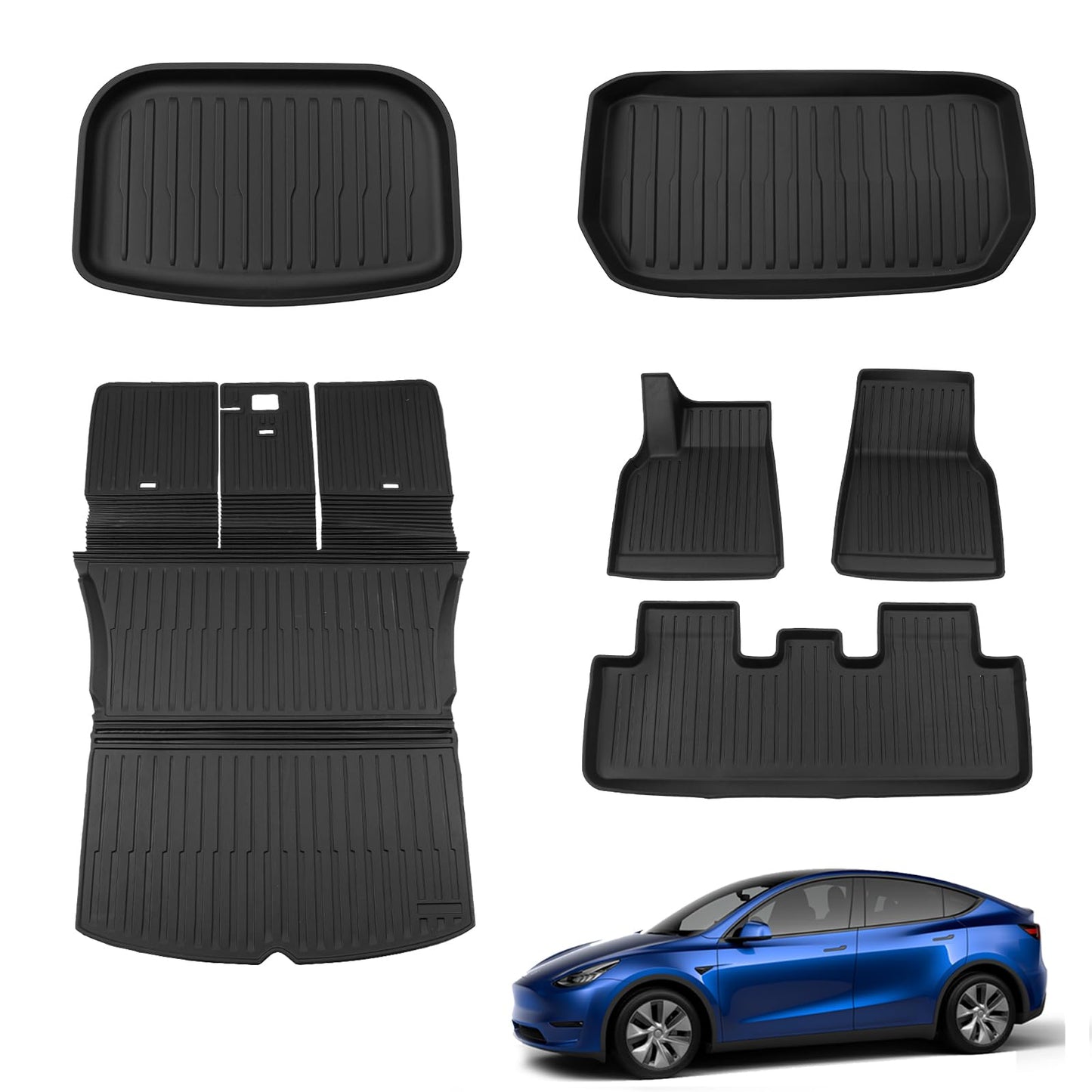 Floor Mats Compatible with 2020-2024 Tesla Model Y Trunk Mat Cargo Mat TPE All Weather Cargo Liner Back Seat Cover Protector 2023 Tesla Model Y 5 Seater Accessories (Upgraded Set of 6 Mats)