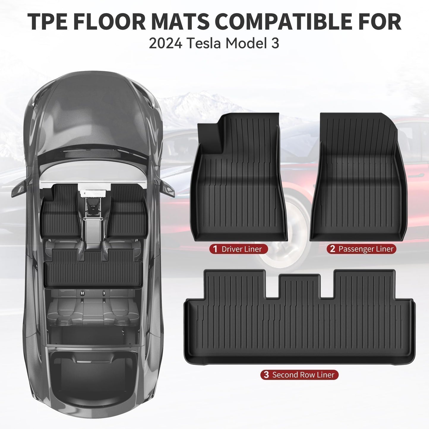 YITAMOTOR Floor Mats Fit for 2024 Tesla Model 3 Highland, Includes 2 Rows & Cargo Liner Set, Full Cover Car Mats with Front Rear Cargo Mat TPE All-Weather Floor Mats Model 3 Accessories 2024 Full Set