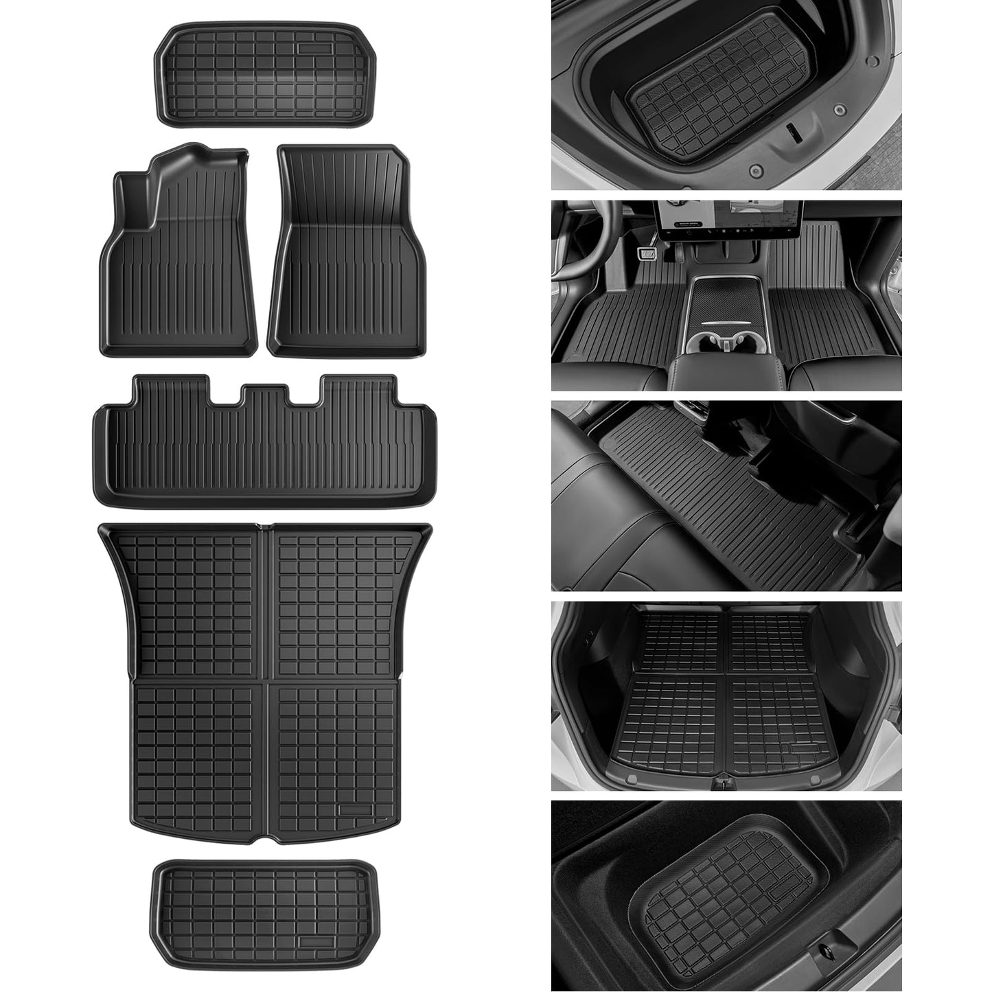 Maysoo Floor Mats for Tesla Model Y Floor Mats 2024-2020 All-Weather TPE Cargo Liner and Cargo Trunk Mat Accessories (6-piece set - Not Fit 7-Seat)