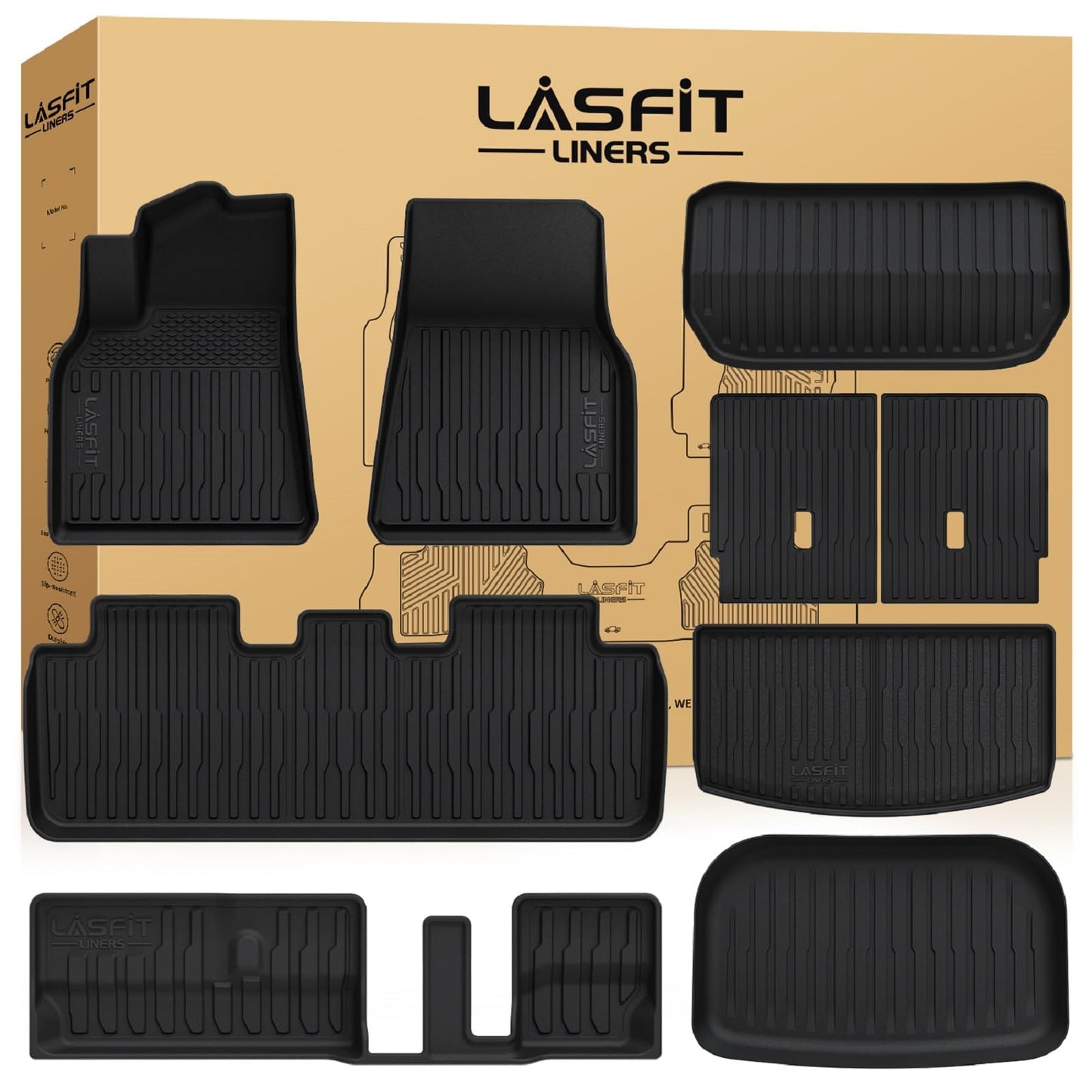 LASFIT Floor Mats for Tesla Model Y 5 Seat 2024 2023 2022 2021 2020, Custom Fit All Weather TPE Floor Liners Cargo Liner, Front & Rear Trunk Mats Accessories Full Set