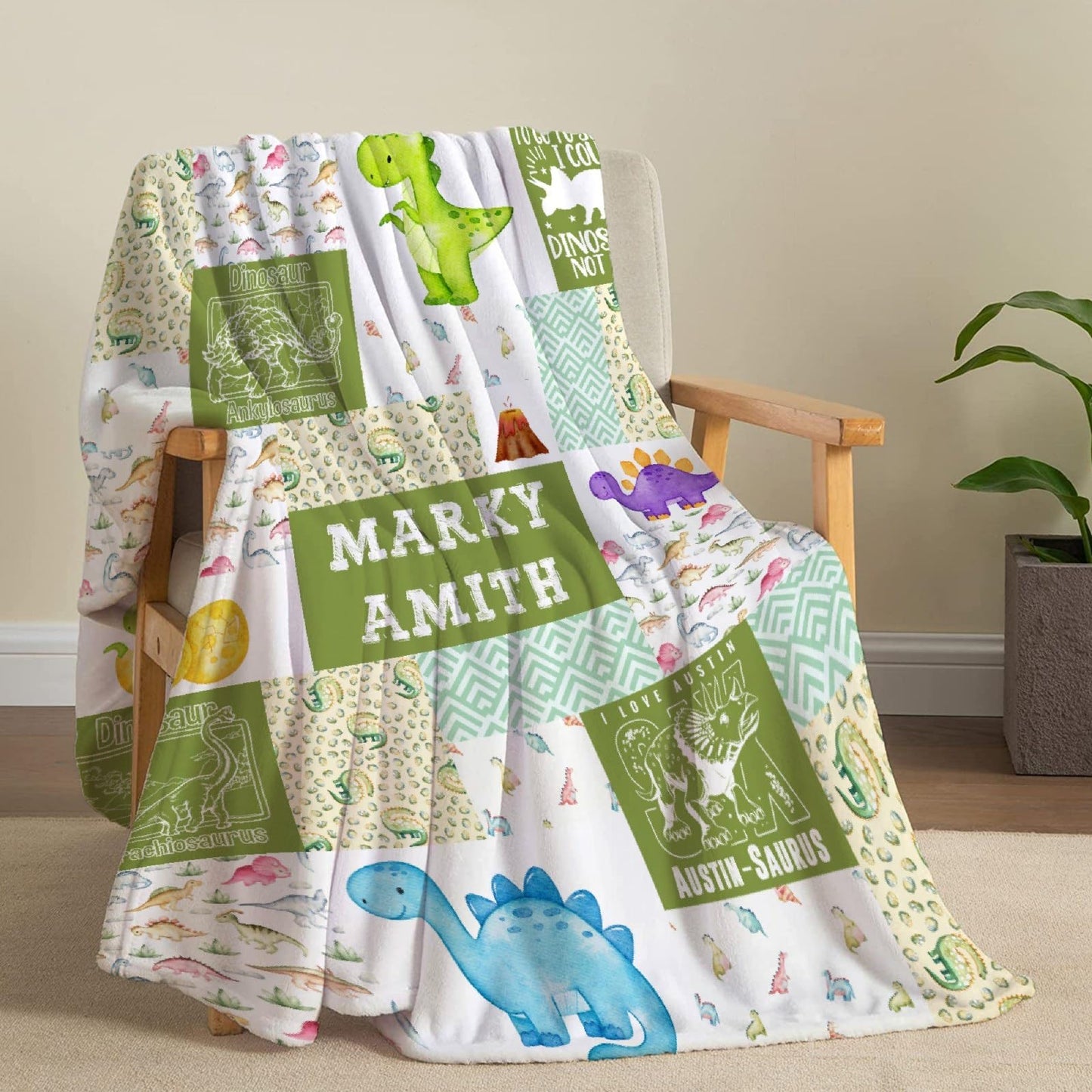 Custom Name Dinosaurs Blanket Personalized Gifts Super Soft Lightweight Flannel Blankets Throw for Kids, Adult, Suitable for Couch, Sofa, Bed, Camping, Travel All Seasons 40"x50" for Kid