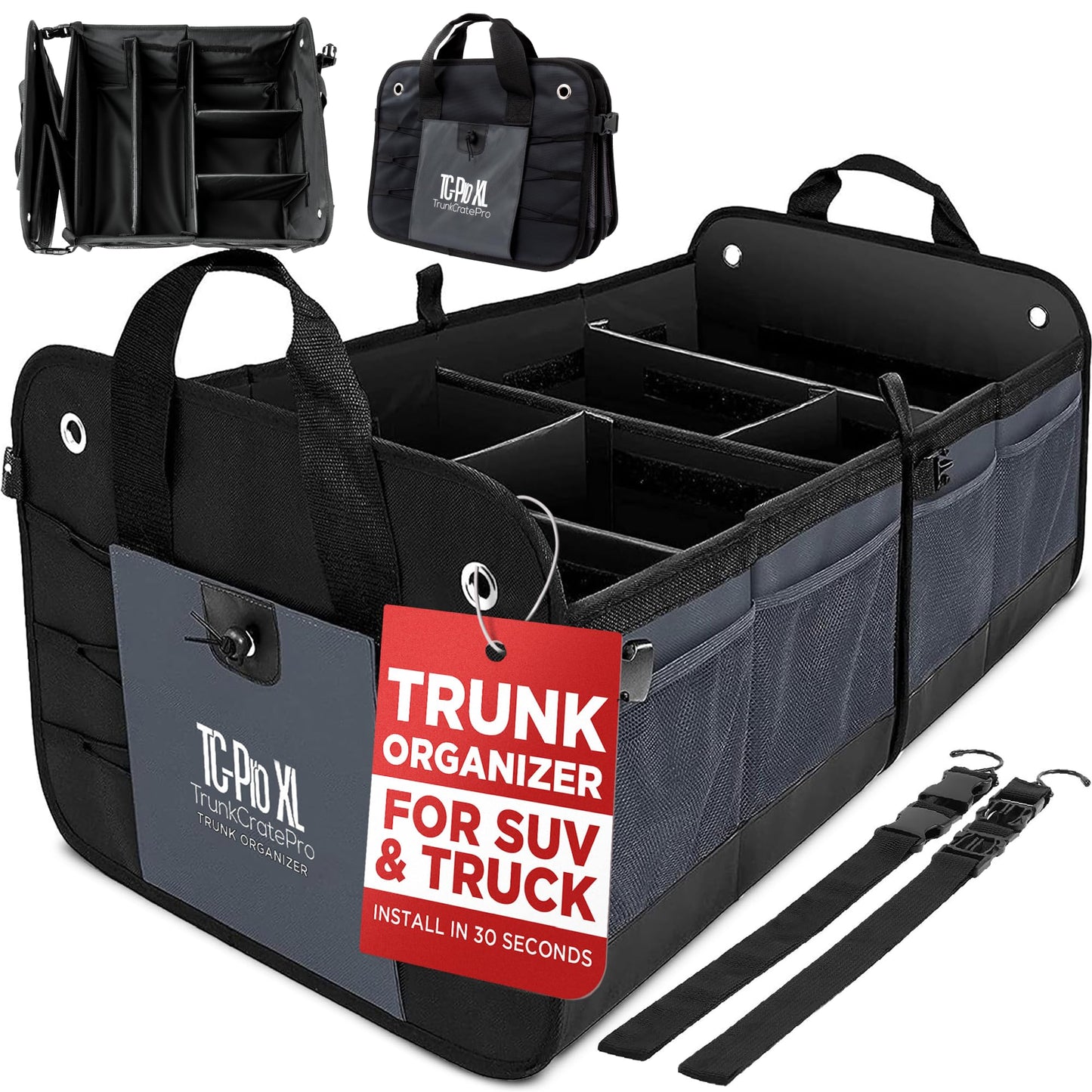 TRUNKCRATEPRO Trunk Organizer For Car, Suv, Truck | Premium Adjustable Multi Compartments Collapsible Car Trunk Organizer With Securing Straps & Non-Slip Bottom (Large Size, Black)