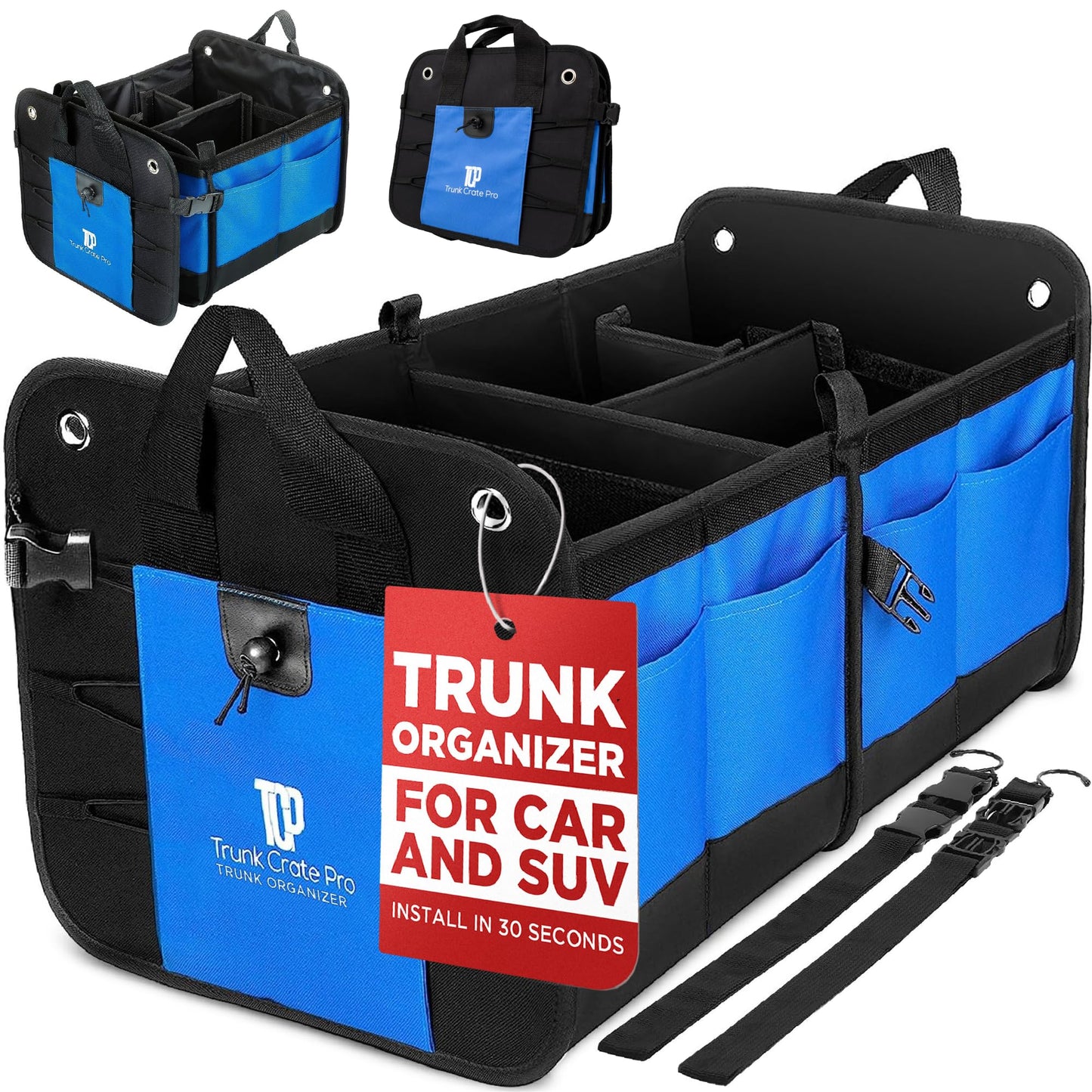 TRUNKCRATEPRO Trunk Organizer For Car, Suv, Truck | Premium Adjustable Multi Compartments Collapsible Car Trunk Organizer With Securing Straps & Non-Slip Bottom (Large Size, Black)