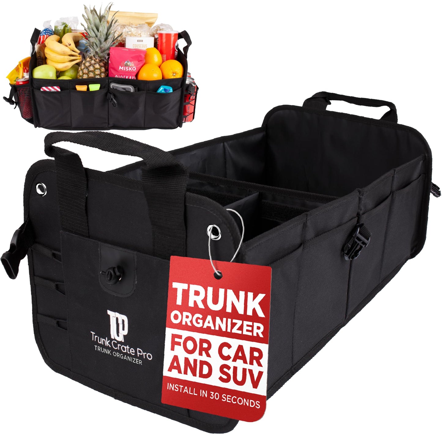 TRUNKCRATEPRO Trunk Organizer For Car, Suv, Truck | Premium Adjustable Multi Compartments Collapsible Car Trunk Organizer With Securing Straps & Non-Slip Bottom (Large Size, Black)