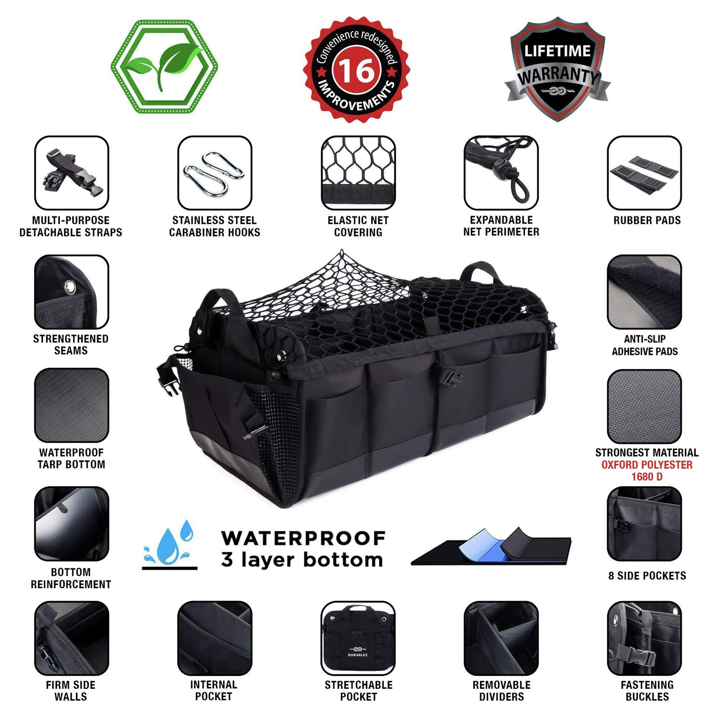 Extra Large Car Trunk Organizer - Trunk Storage - Modular Separable Collapsible - for SUV Minivan Truck Sedan Van - 4 Compartment XXL, Black