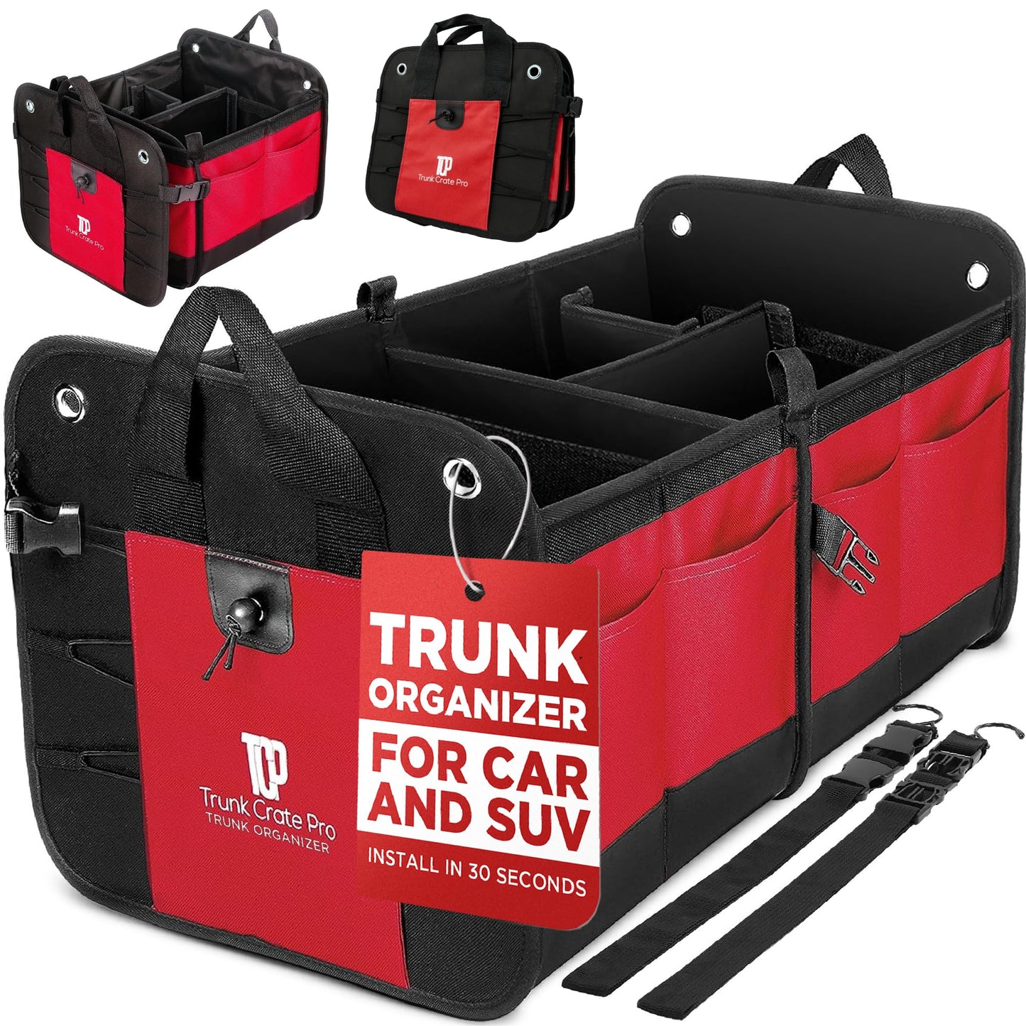 TRUNKCRATEPRO Trunk Organizer For Car, Suv, Truck | Premium Adjustable Multi Compartments Collapsible Car Trunk Organizer With Securing Straps & Non-Slip Bottom (Large Size, Black)