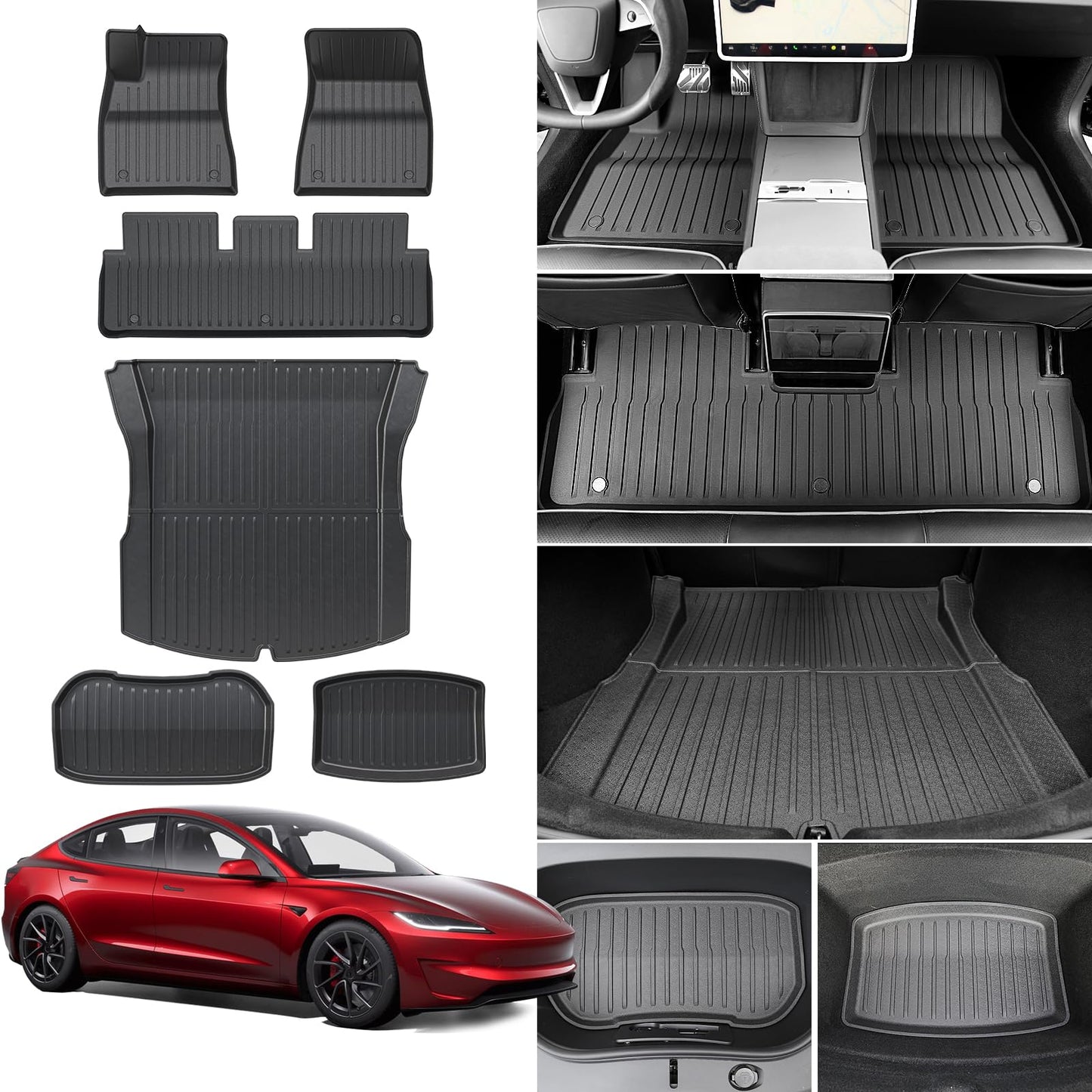 Tesla Model Y Floor Mats for 2024 2023 2022 2021, Foronetry 9PCS All Weather Full Set Cargo Liners Accessories, 3D TPE Odorless Floor Mat Trunk Frunk Rear Well Mats Custom for 5-Seater