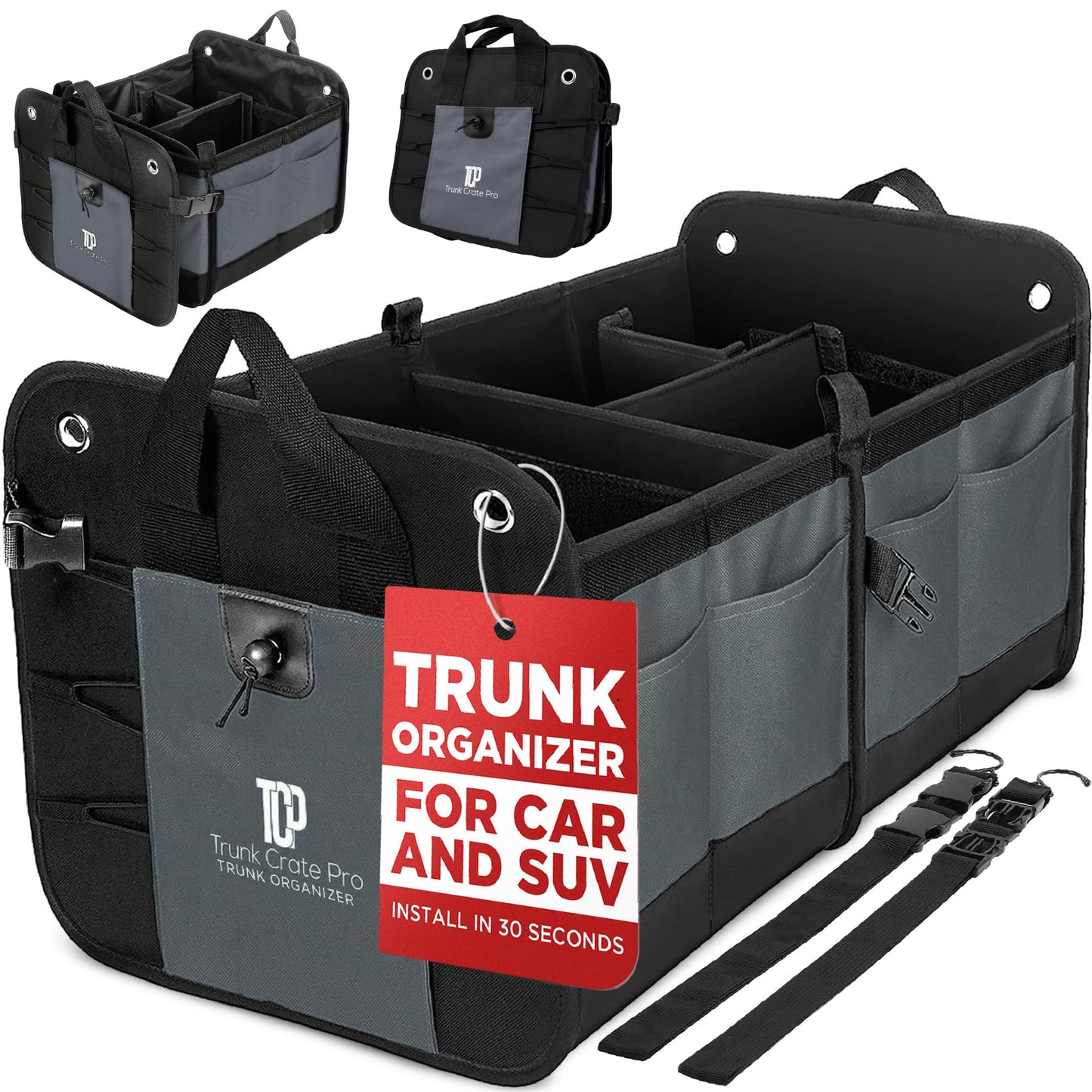 TRUNKCRATEPRO Trunk Organizer For Car, Suv, Truck | Premium Adjustable Multi Compartments Collapsible Car Trunk Organizer With Securing Straps & Non-Slip Bottom (Large Size, Black)