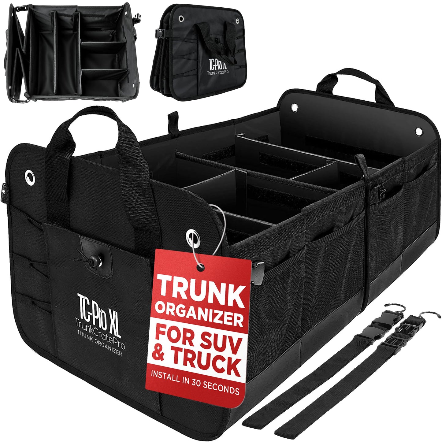 TRUNKCRATEPRO Trunk Organizer For Car, Suv, Truck | Premium Adjustable Multi Compartments Collapsible Car Trunk Organizer With Securing Straps & Non-Slip Bottom (Large Size, Black)