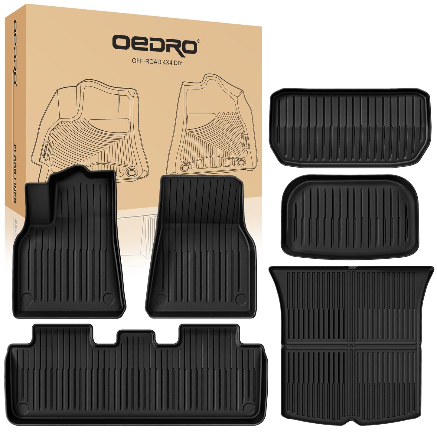 OEDRO Floor Mats for Tesla Model Y 2024 2023-2020 Custom Fit All Weather Durable TPE Automotive Interior Cargo Liners Trunk Mats Accessories for Model Y 5-Seat (NOT fit 7-Seat) 6 Pcs Mats Set