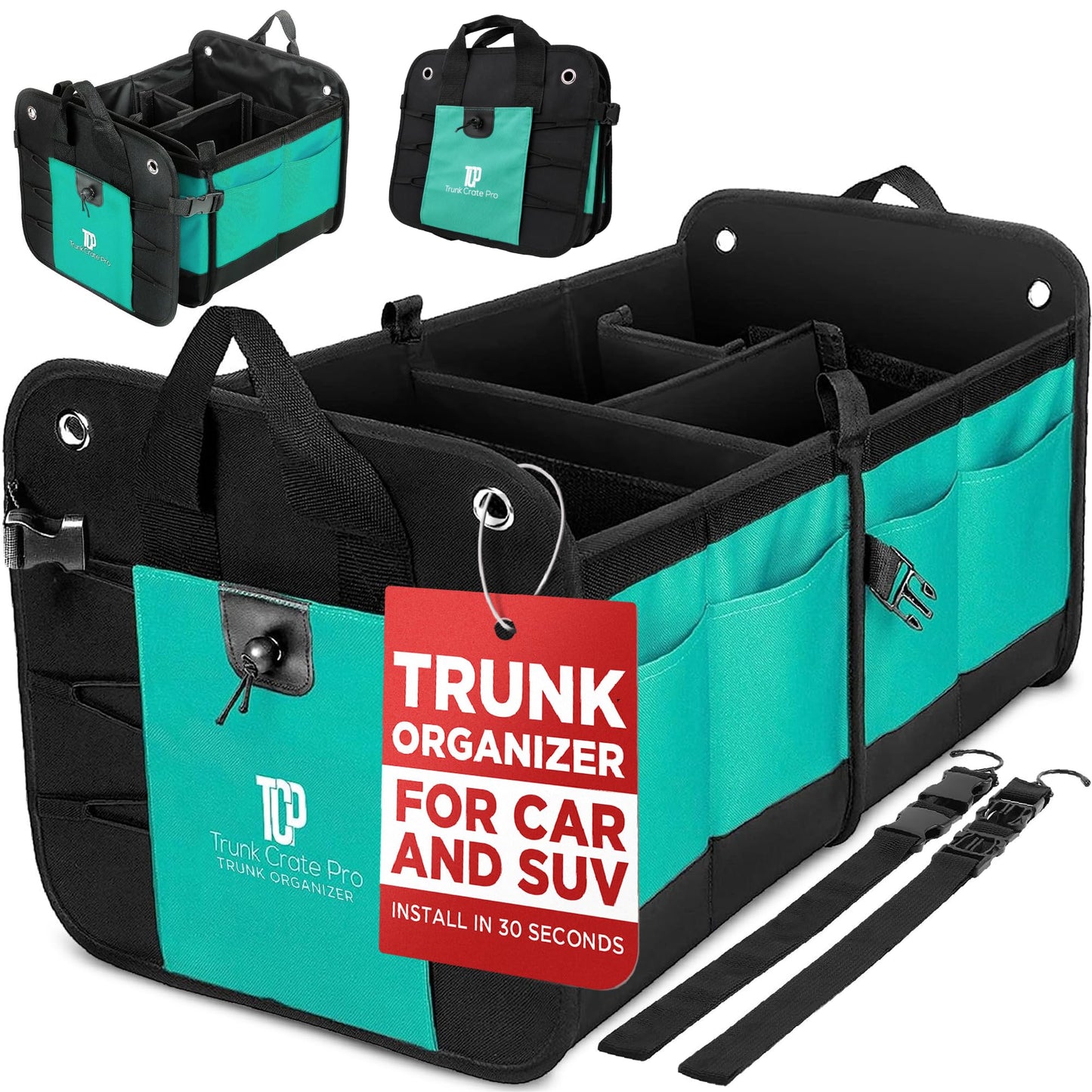 TRUNKCRATEPRO Trunk Organizer For Car, Suv, Truck | Premium Adjustable Multi Compartments Collapsible Car Trunk Organizer With Securing Straps & Non-Slip Bottom (Large Size, Black)