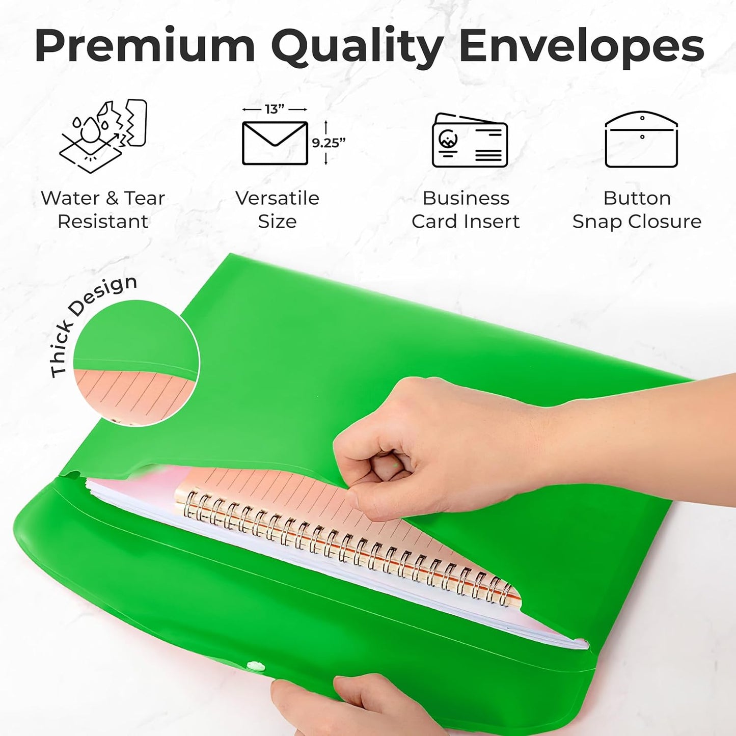 Plastic Envelopes - 12 Pack Plastic Folders for Documents, A4 Size Document Folder, Plastic Envelopes with Snap Closure, Reusable Plastic File Folder with Card Insert, Poly Envelopes